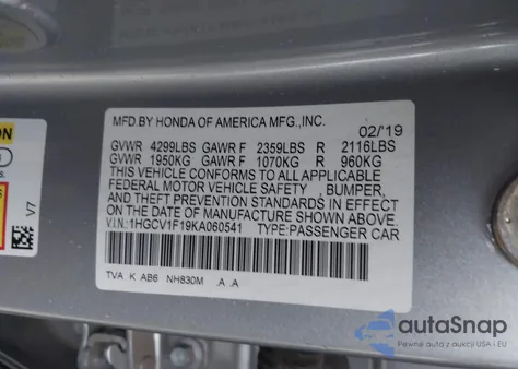 2019 Honda Accord Lx from USA, damaged, VIN 1HGCV1F19KA060541